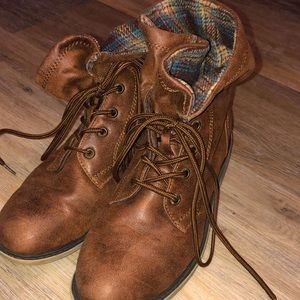 Brown Lace Up Combat Boots with Plaid Interior